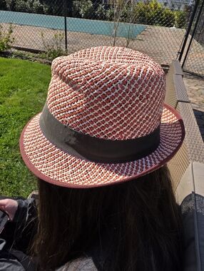 Lola Hats Woven Orange and White Fedora with Brown Band, Nwt